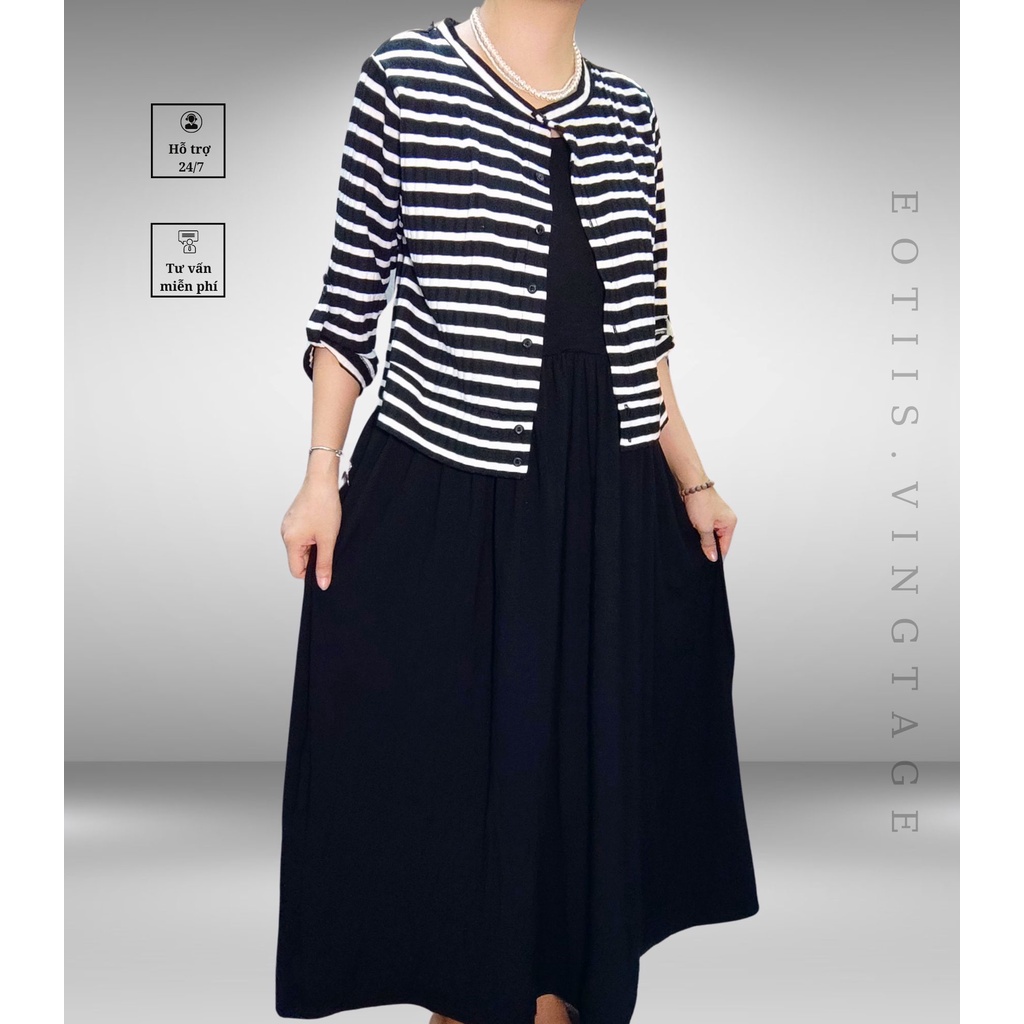 Đầm nữ đen dài may liền cardigan kẻ ngang phong cách Hàn Quốc