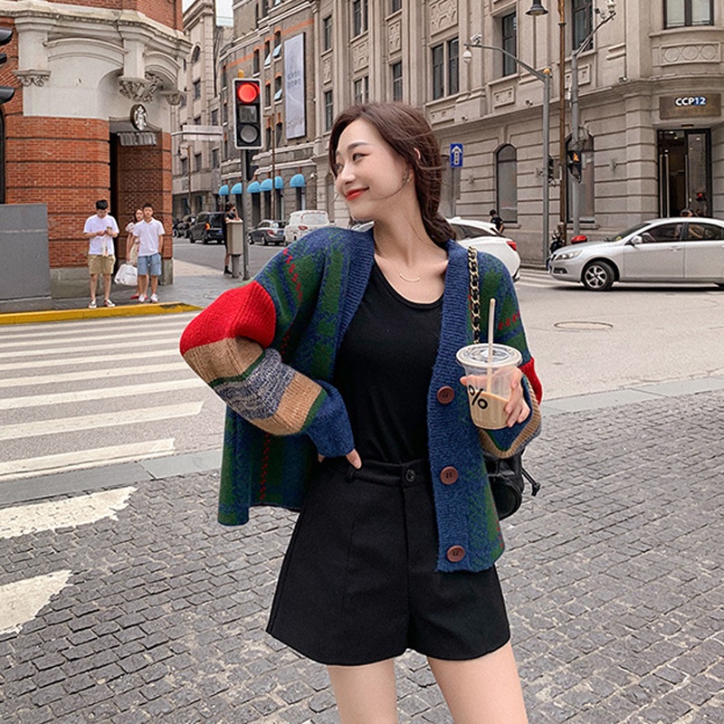 Áo khoác cardigan IELGY dệt kim dáng rộng phối màu phong cách Hàn Quốc cho nữ