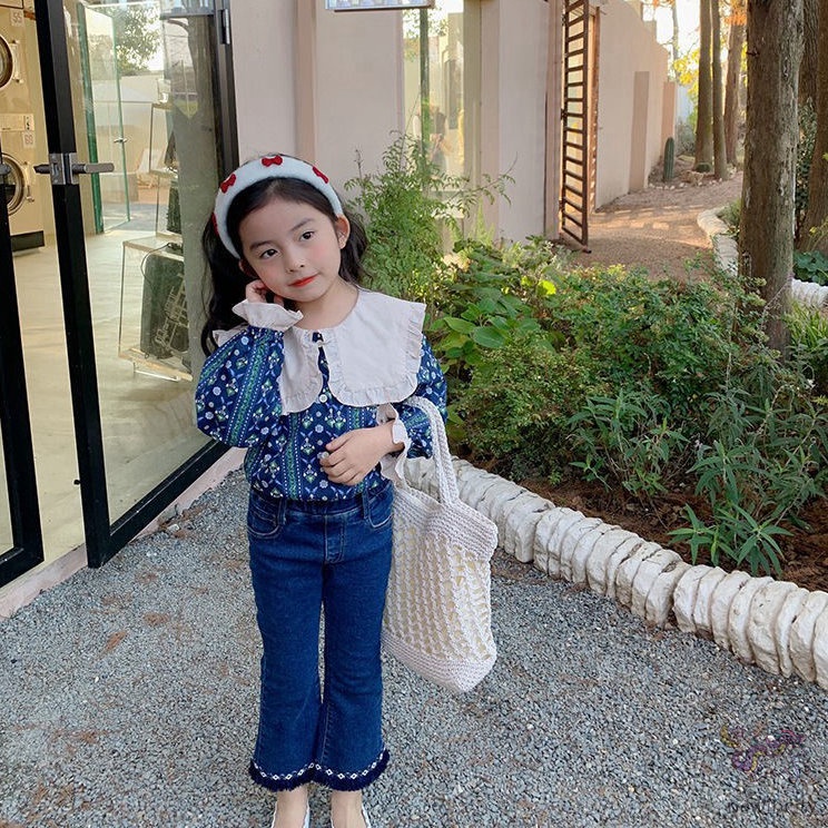 Bộ Áo Sơ Mi Hoa + Quần Jeans Ống Loe Thời Trang Hàn Quốc Cho Bé Gái