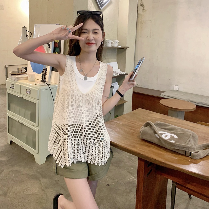 Xiaozhainv Áo Dệt Kim Không Tay Dáng Rộng Phong Cách retro Hàn Quốc Dành Cho Nữ