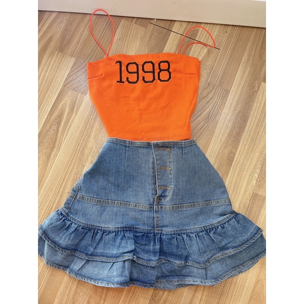 Set áo 2 dây 1998 và chân váy jean tầng siêu hot alohashop91