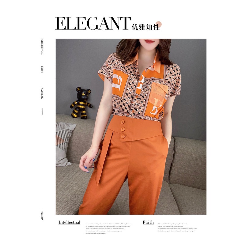 Set áo ngắn tay + quần dài màu tương phản thời trang cho nữ