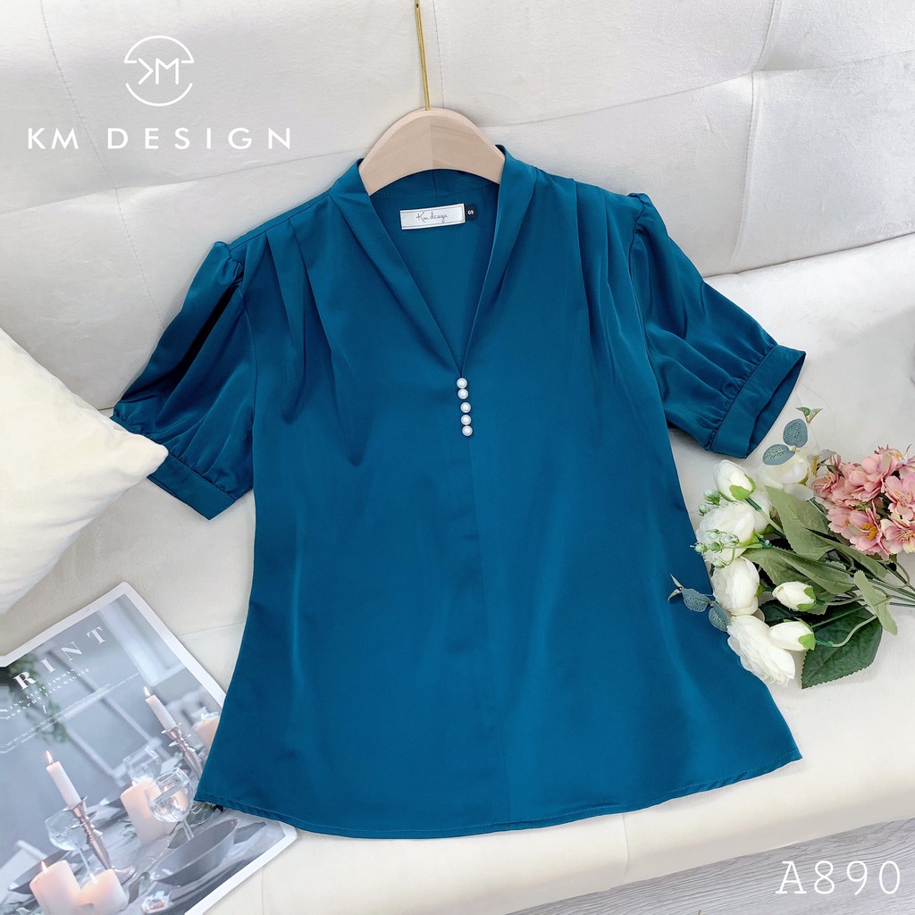 Áo sơ mi nữ cổ đính ngọc ngắn tay, áo cộc tay cổ V công sở A890 KYMIE