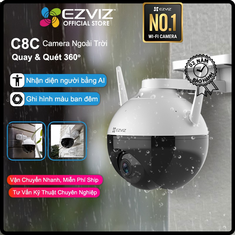 Camera EZVIZ C8C 1080p WI-FI 360 Độ Ngoài Trời, Nhận Diện Người AI, Nén Video H265, Ghi Hình Màu Ban Đêm-Hàng Chính Hãng