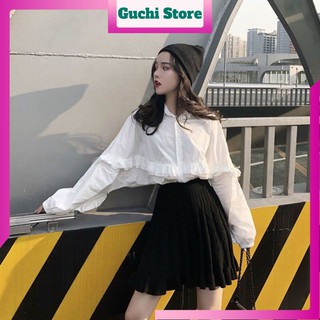 Áo sơ mi trắng bèo ngực tay bồng dáng thụng ulzzang/ Áo sơ mi nữ dài tay oversize