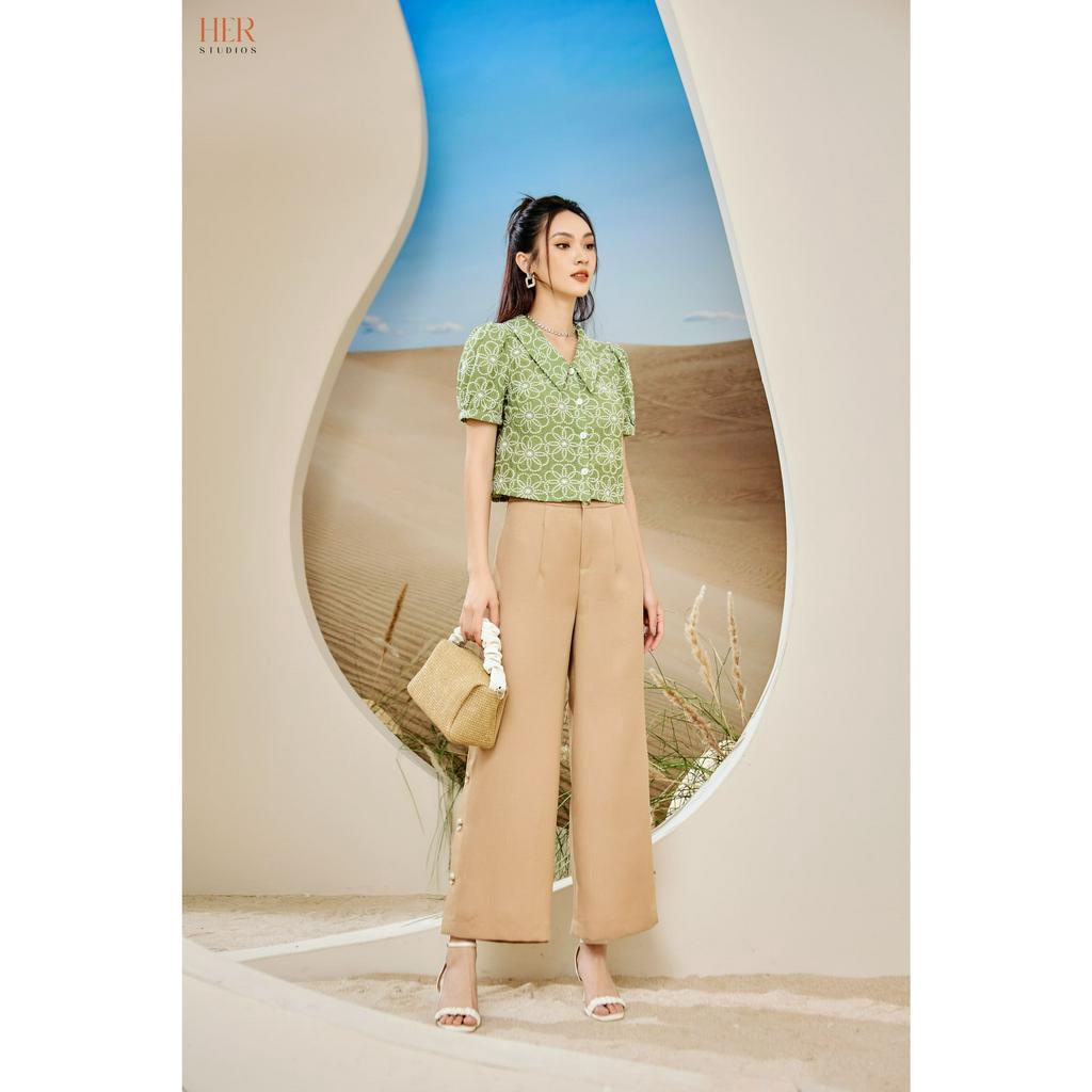 Áo croptop hoa nữ Her25 thiết kế dáng cổ bẻ màu xanh cốm