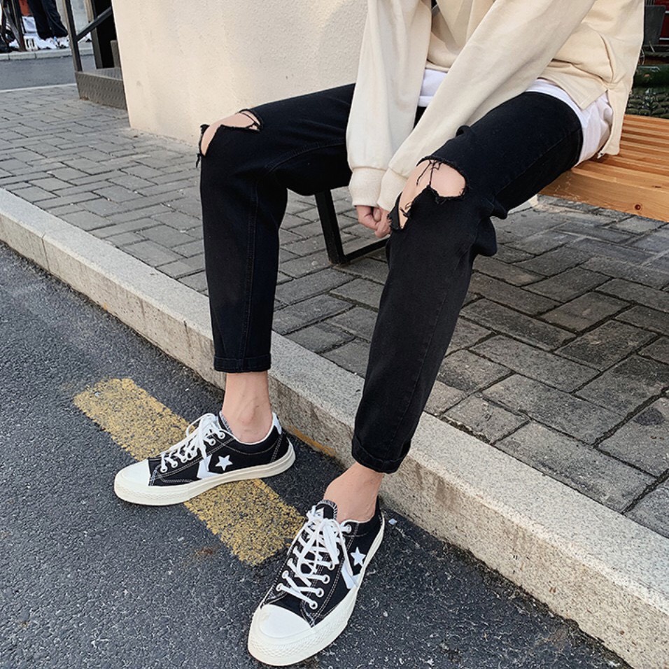 Quần jean nam rách gối co giãn VNXK trơn màu đen 032 Pon.mens