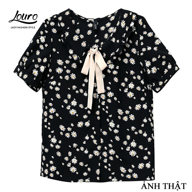 Áo kiểu nữ công sở Louro L222,có ảnh thật, mẫu áo bánh bèo họa tiết hoa cúc, cổ bẻ thắt nơ