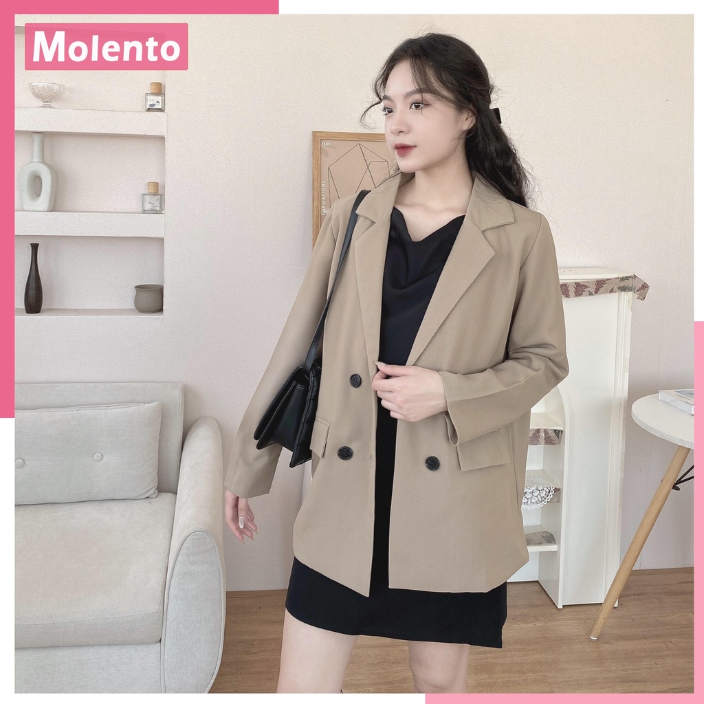 Áo Blazer Nữ Áo Vest Khoác Ngoài 2 Lớp Dài Tay Túi Nắp Dáng Rộng Phong Cách Hàn Quốc Màu Nâu Tây Be Đen Xanh MOLENTO M77