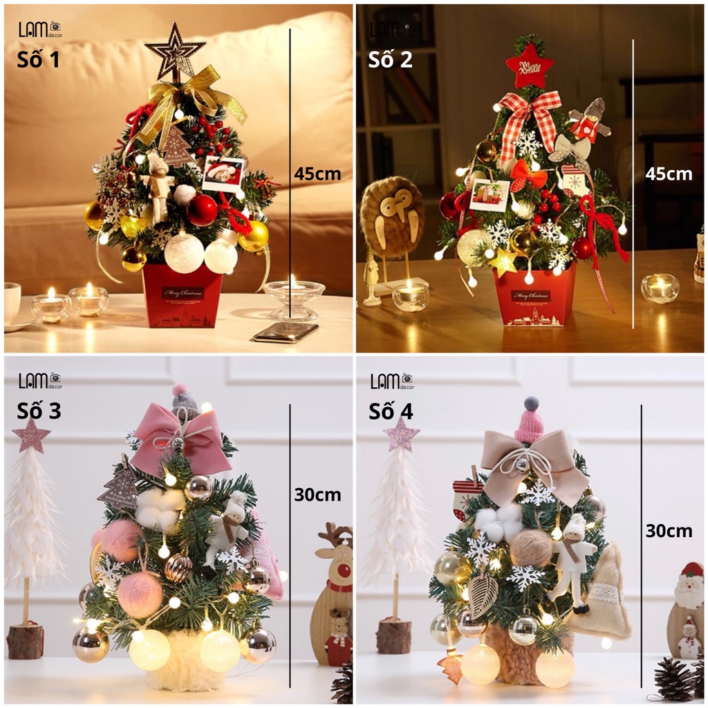 Cây thông mini, cây thông noel để bàn trang trí mùa Noel rực rỡ đầy đủ phụ kiện và đèn LED đi kèm