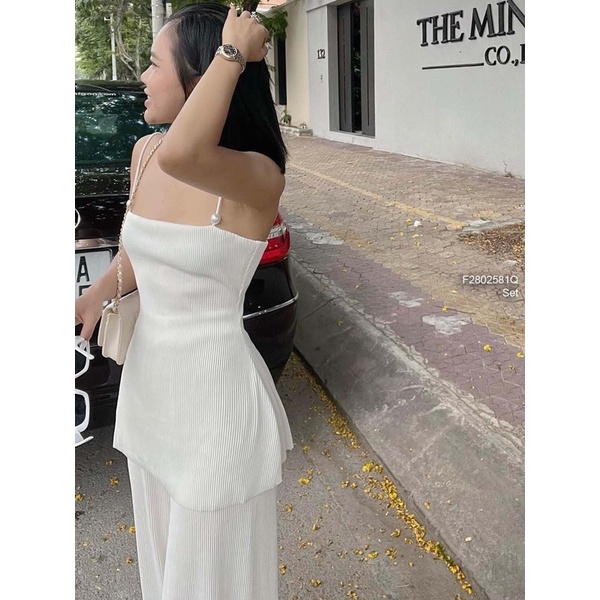 Set bộ dập ly áo 2 dây gài ngọc phối quần suông s2802