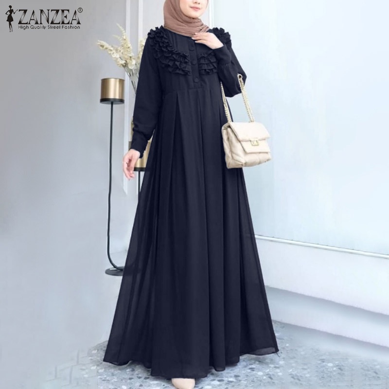Đầm Zanzea tay dài cổ tròn thời trang thanh lịch cho nữ