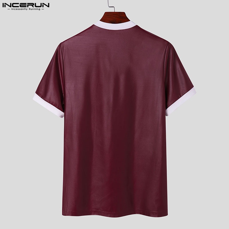 INCERUN Áo Thun Da Ngắn Tay Dáng Ôm Phối Màu Tương Phản Thời Trang Mùa Hè Cho Nam