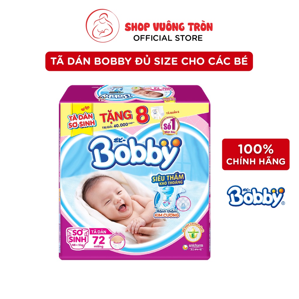 Tã/Bỉm Dán BOBBY Nhật Bản Siêu Thấm Chống Tràn, Giúp Bé Thoải Mái Vận Động Đủ Size NB64 S56 M76 L68 XL62 XXL