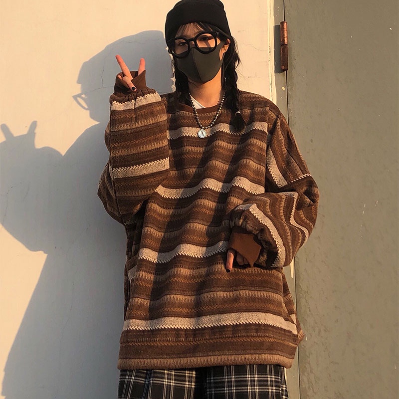 Áo sweater len nữ hàn quốc form rộng KẺ SỌC NGANG 2022, Áo sweater nữ form rộng dài tay thời trang thu đông