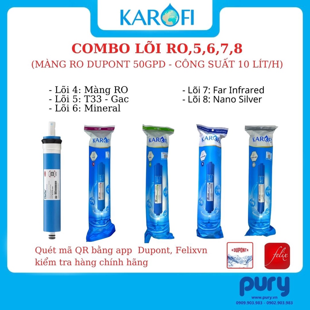 Bộ Lõi Chức Năng KAROFI (123,RO,56789) - Màng RO Dupont 50GPD - Công suất 10 lít/h