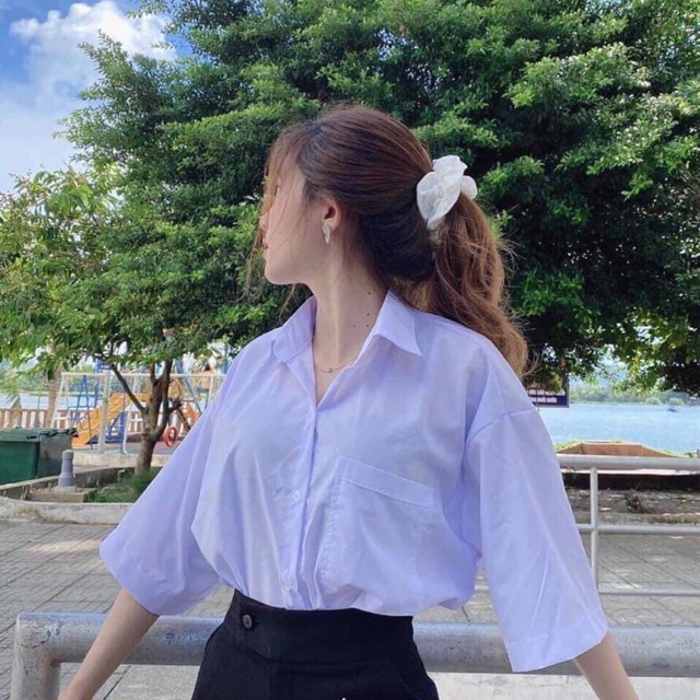 SƠ MI TRẮNG XANH TAY LỠ FORM RỘNG HỌC SINH