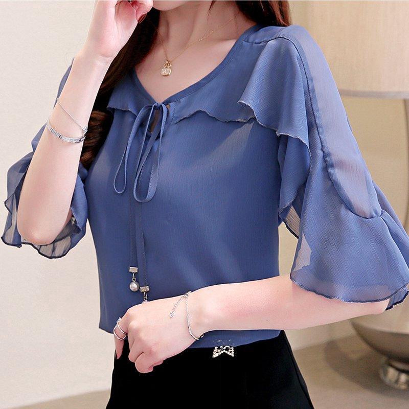 Áo voan ngắn tay đính nơ thời trang cho nữ