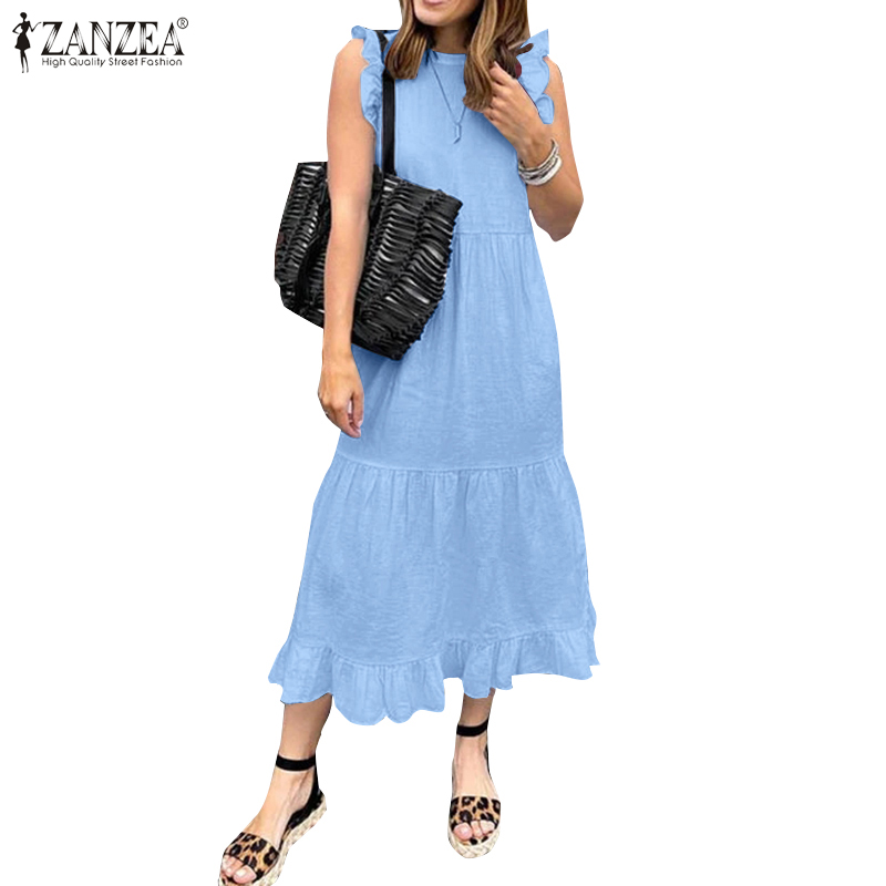 ZANZEA Women Fashion Casual Sleeveless O-Neck Solid Color Ruffles Dress