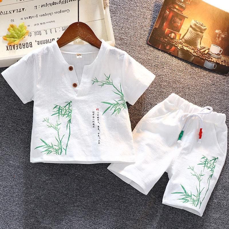 Đồ bộ bé trai Binbon kids, Bộ quần áo cộc tay bé trai chất đũi in hình cây tre cực mát cho bé từ 6-28kg