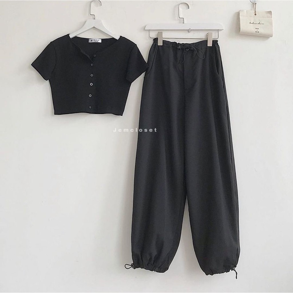 Quần rút eo KA Closet vải thô dầy mềm, chốt gấu điều chỉnh, dễ mặc