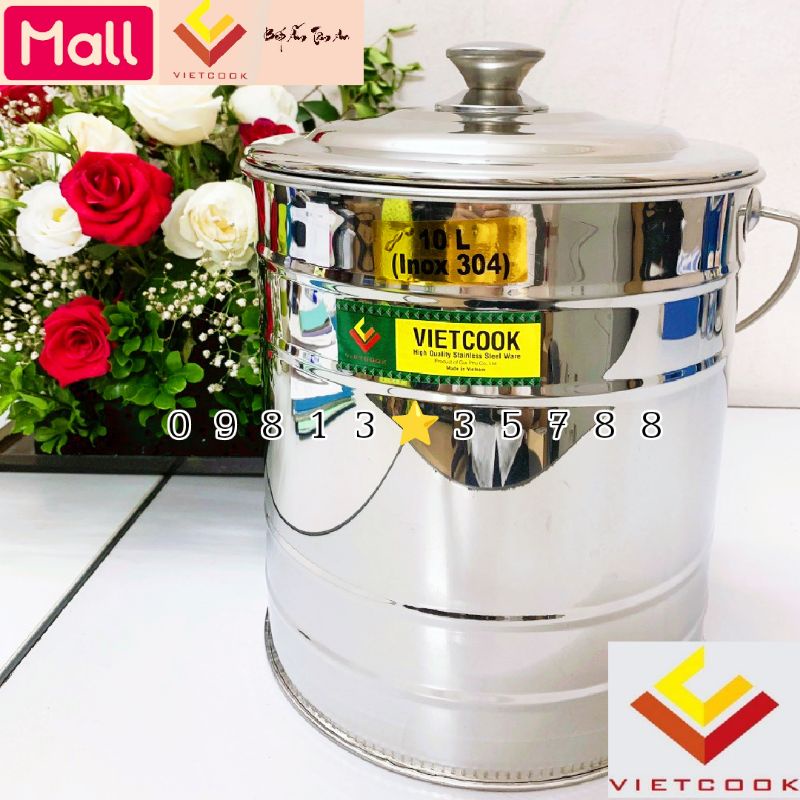 Xô inox 304 có nắp dung tích 10, 15 lít VIETCOOK đựng nước canh trường học, nước lèo, sữa, nước dùng tiện lợi