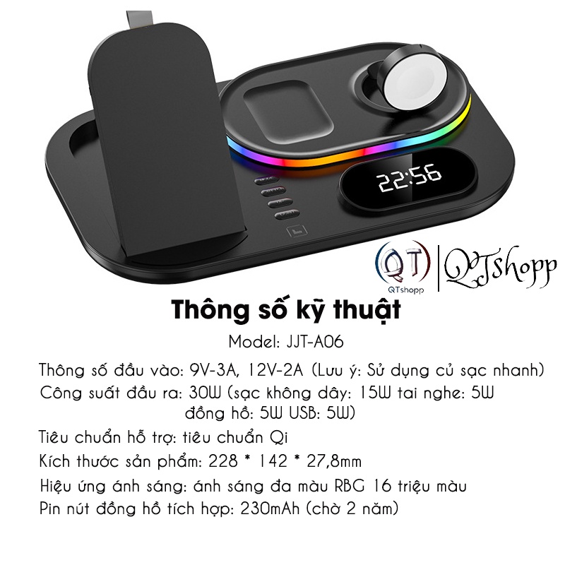 SẠC KHÔNG DÂY, SẠC NHANH 30W, Trạm sạc nhanh đa năng 4 in 1 sạc được điện thoại, đồng hồ, tai nghe