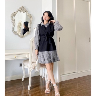 set váy caro yếm đen