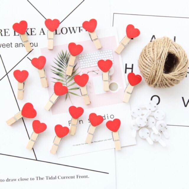 COMBO 10 KẸP GỖ TREO ẢNH HÌNH TRÁI TIM KÈM DÂY TREO