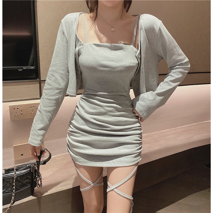 Set đầm dây + áo sơ mi PERTY phong cách Hàn Quốc thời trang sành điệu cho nữ