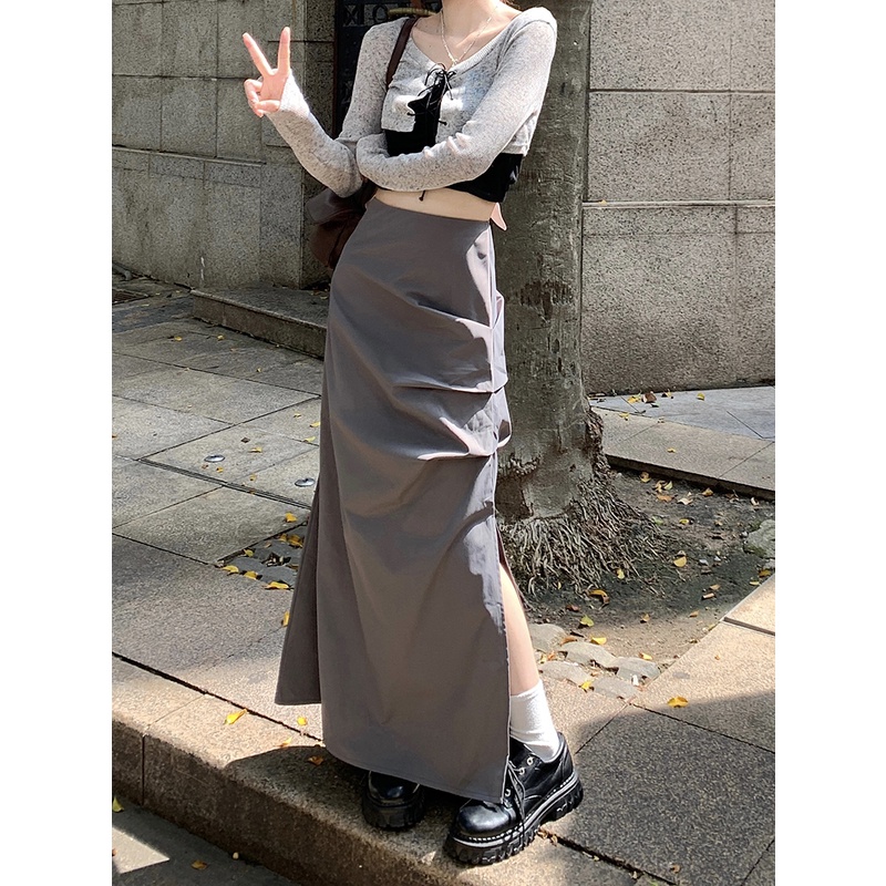 QKOOLE Chân váy chữ A lưng cao xẻ tà phong cách Hàn Quốc thời trang cho nữ | BigBuy360 - bigbuy360.vn
