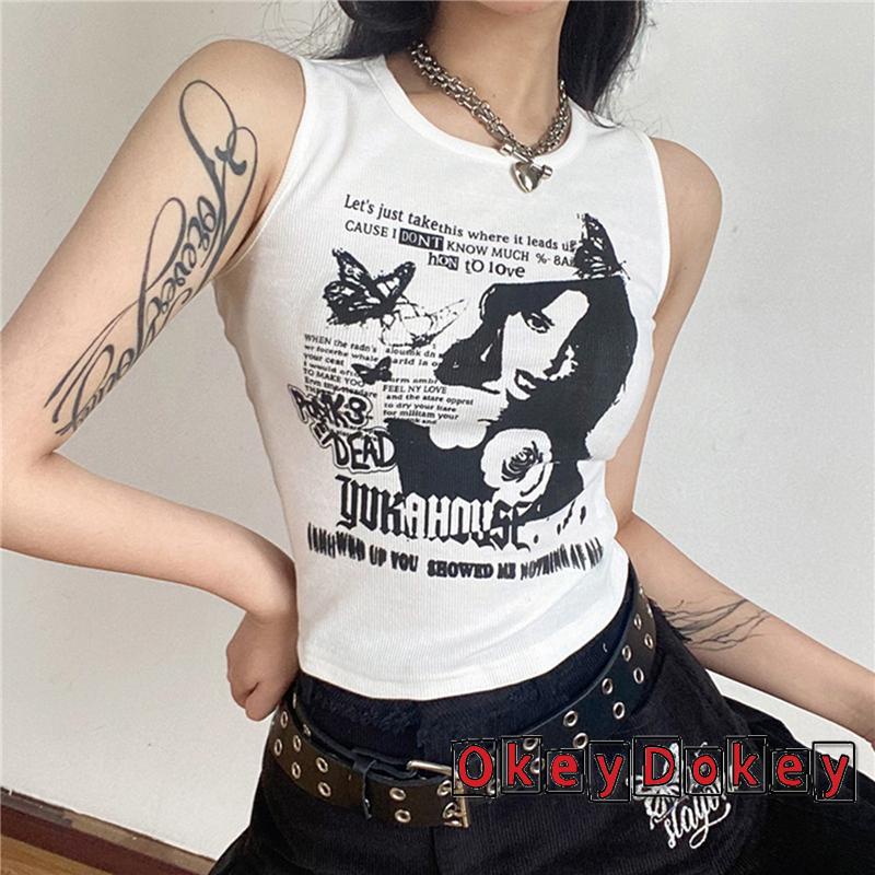 Áo Croptop Sát Nách Cổ Tròn In Chữ Thời Trang Mùa Hè Cho Nữ Y2K