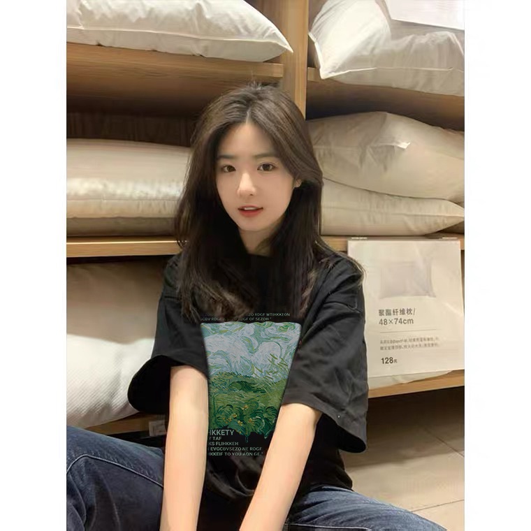 Áo thun SELVZE cotton tay ngắn dáng rộng in họa tiết phong cách Mỹ cổ điển thời trang cho nữ
