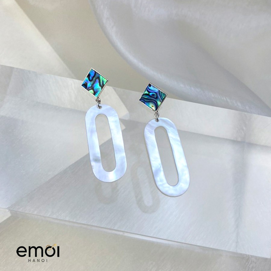 Khuyên tai bông tai phụ kiện trang sức bạc 925 EMOI JEWELRY ISLAND khảm BÀO NGƯ và NGỌC TRAI TRẮNG dáng dài KB48