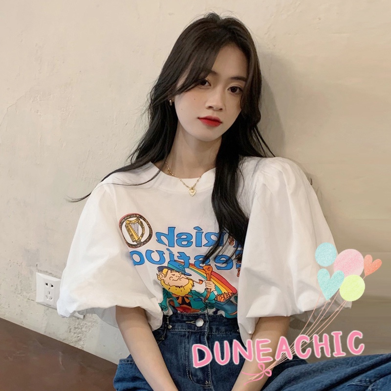 DUNEA Áo Thun Tay Ngắn Phồng Dáng Rộng Thời Trang Cho Nữ