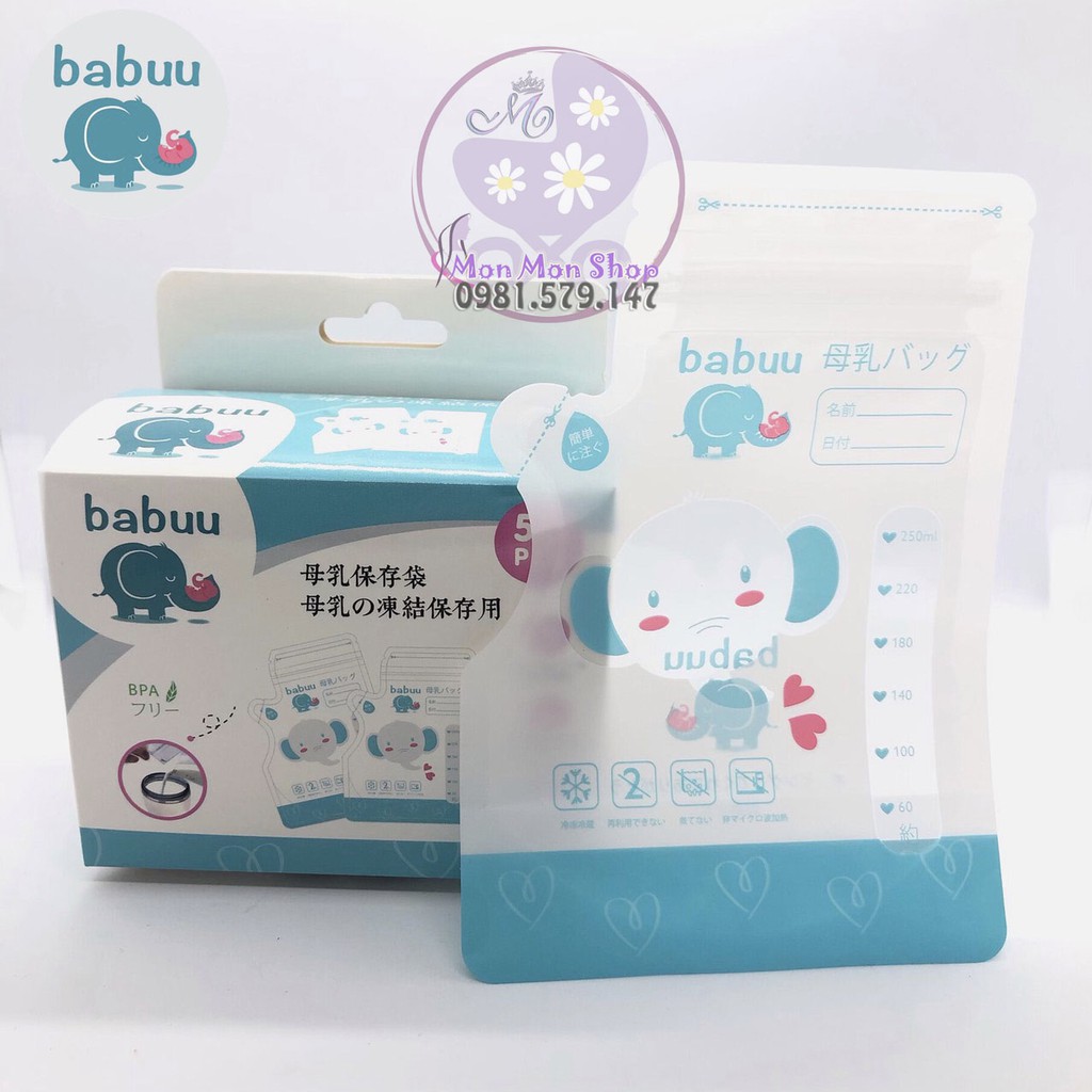 [Sỉ giá tốt] Combo 10 hộp túi trữ sữa Babuu Baby Nhật 250ml ( 50c/h) mẫu có đầu cắt