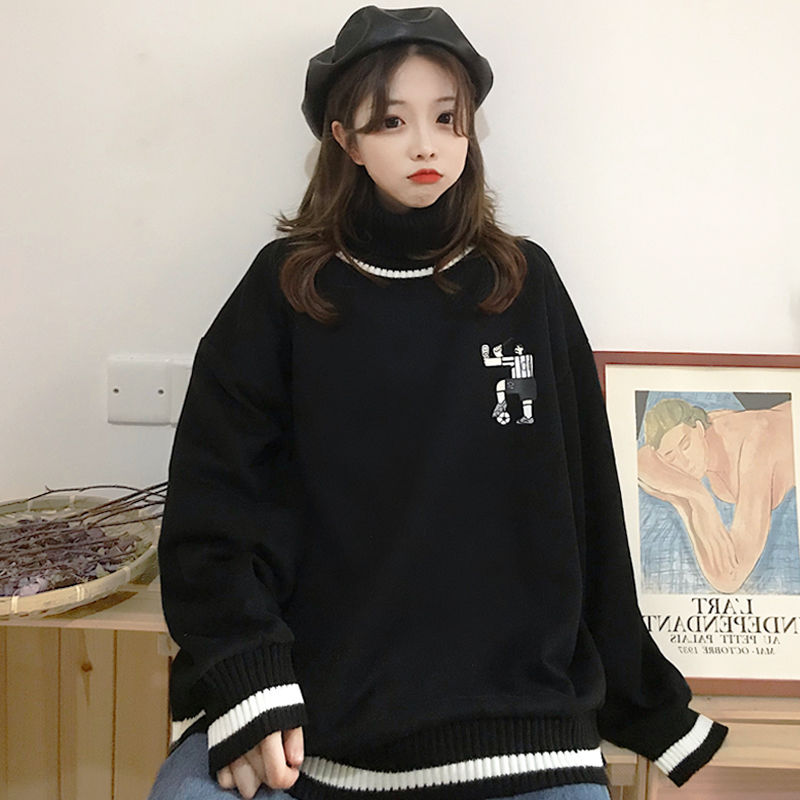 Áo Sweater Cổ Cao Dáng Rộng Phối Nhung Dày Kiểu Hàn Quốc Cá Tính | BigBuy360 - bigbuy360.vn