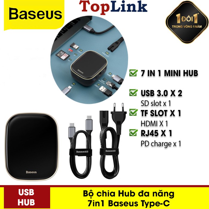 Bộ Chia Hub Đa Năng 7in1 Baseus Type-C Hub Adapter AC Multifunctional Charger: USB3.0*2 / HDMI / Type-C / RJ45 / SD/TF | BigBuy360 - bigbuy360.vn