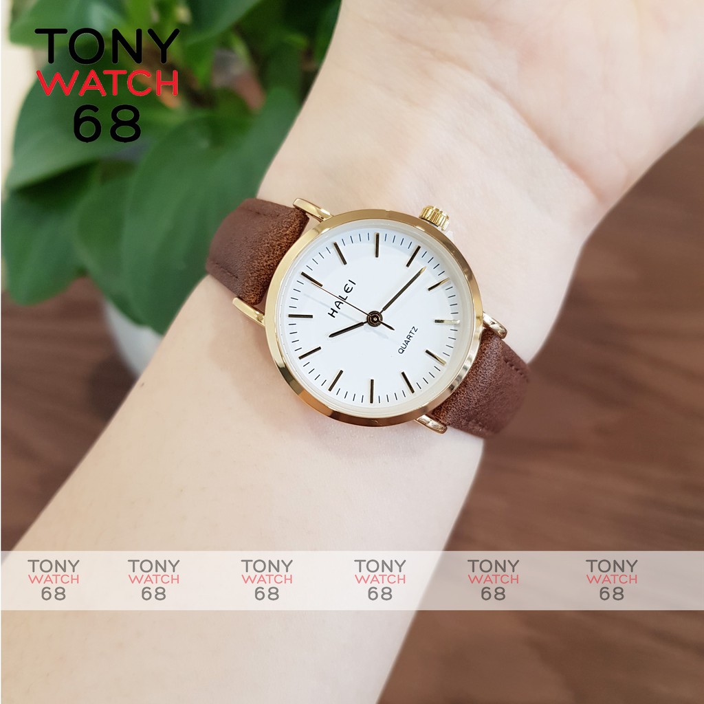 Đồng hồ nữ Halei dây da nâu mặt số vạch chính hãng Tony Watch 68 | BigBuy360 - bigbuy360.vn