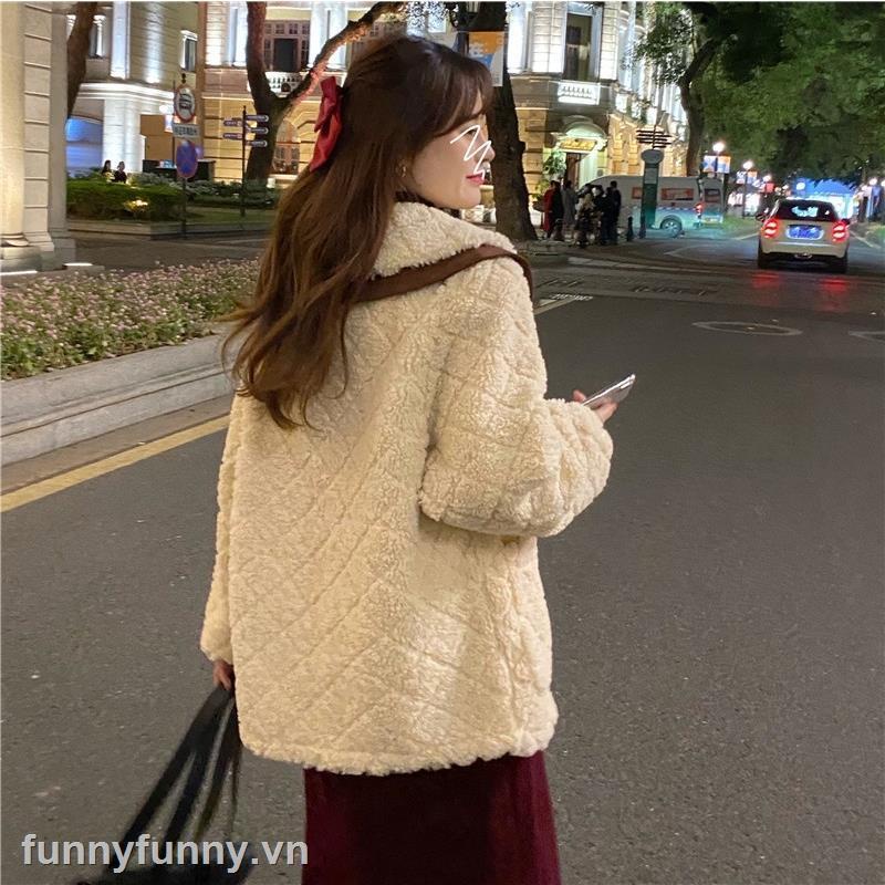 Áo Khoác Len Lông Cừu Dày Dáng Rộng Thắt Nơ Họa Tiết Kim Cương Phong Cách Hàn Quốc Thời Trang Thu Đông Mới 2021 | BigBuy360 - bigbuy360.vn