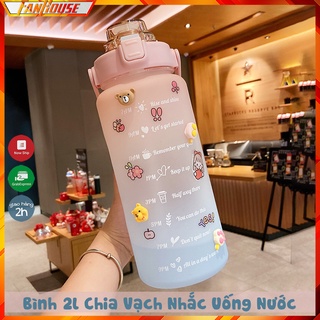 Bình nước 2 lít dành cho người lười uống nước Fan House tặng Sticker bình nước cute 2L có ống hút, vạch chia nhắc giờ
