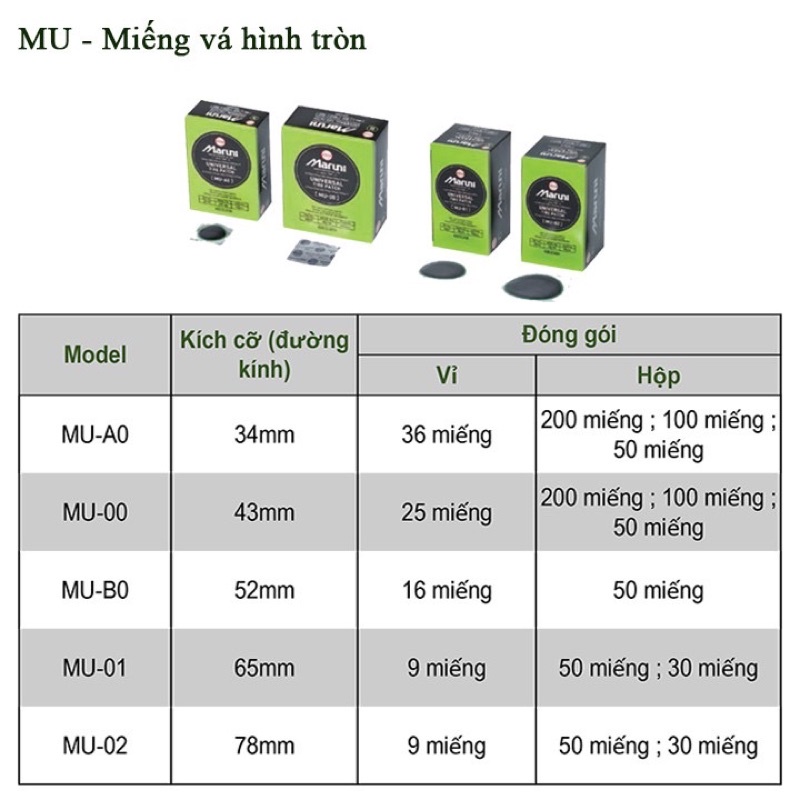 Vỉ Vá Vỏ Maruni MU-00 Dùng Cho Vỏ Không Ruột