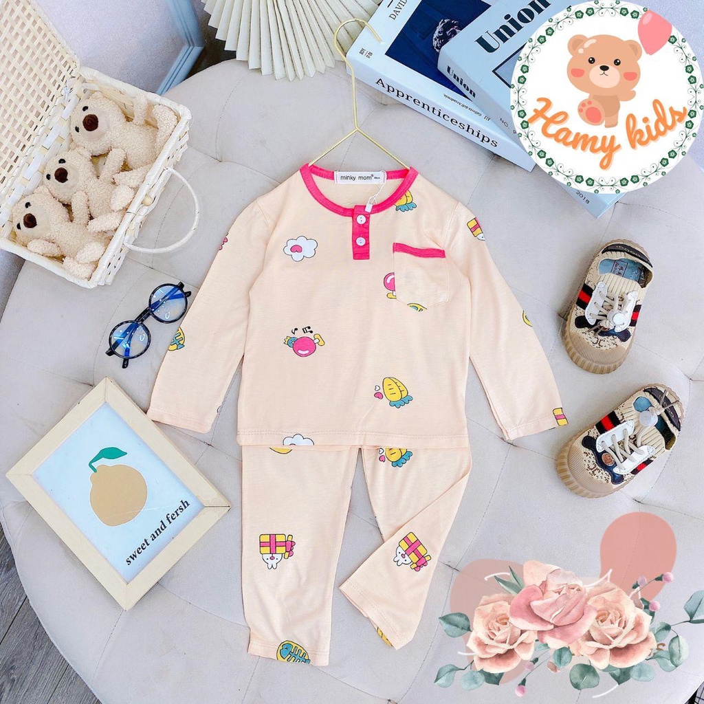 Bộ Minky Mom Chính Hãng Tay Dài Quần Dài Bé Trai Bé Gái Thun Lạnh Cổ Trụ Và Túi Thật Cho Bé 0-5 Tuổi Dưới 20kg-Hamykids