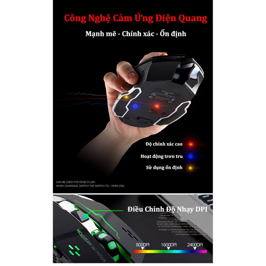 Chuột Chơi Game Không Dây Gaming Wolf X8 - Chuột máy tính không dây có LED 7 Màu RGB, Pin Sạc Dùng Cực Lâu