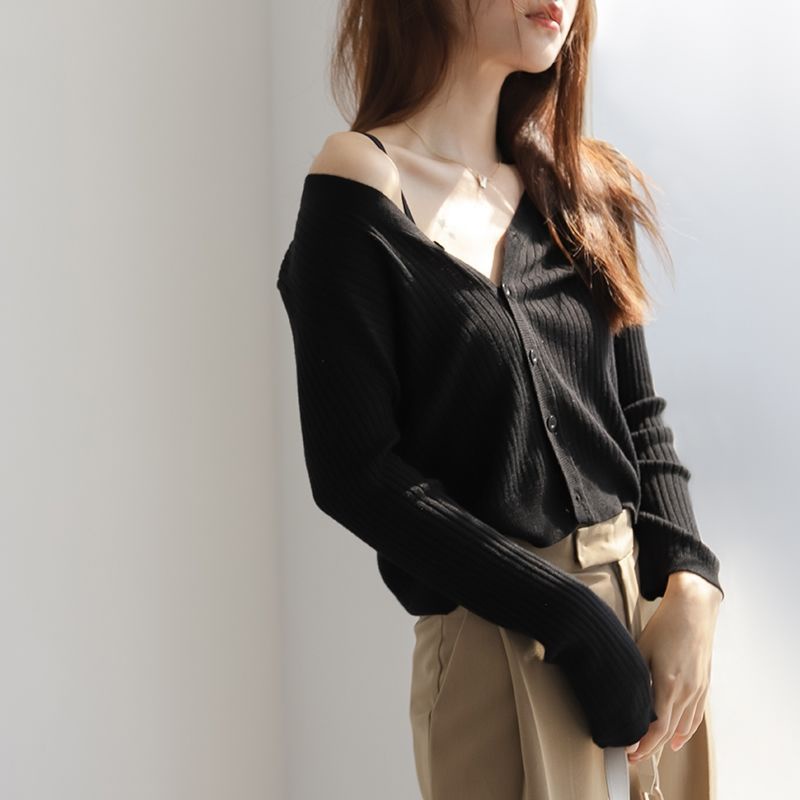 Áo Khoác Cardigan Thun Len Nữ Tay Dài Cổ Tim Hàn Quốc