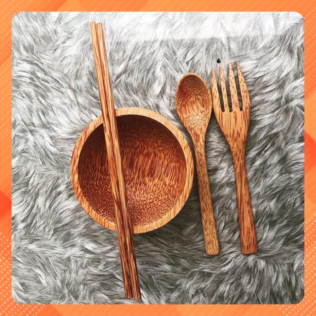 Bộ gỗ dừa cao cấp - Chén gỗ dừa + Muỗng nĩa đũa