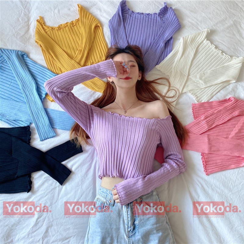 [XẢ] Áo Croptop Tay Dài Cổ Vuông Hot Thu Đông Năm✅Áo Croptop Len Trễ Vai Dài Tay Sexy - QA36