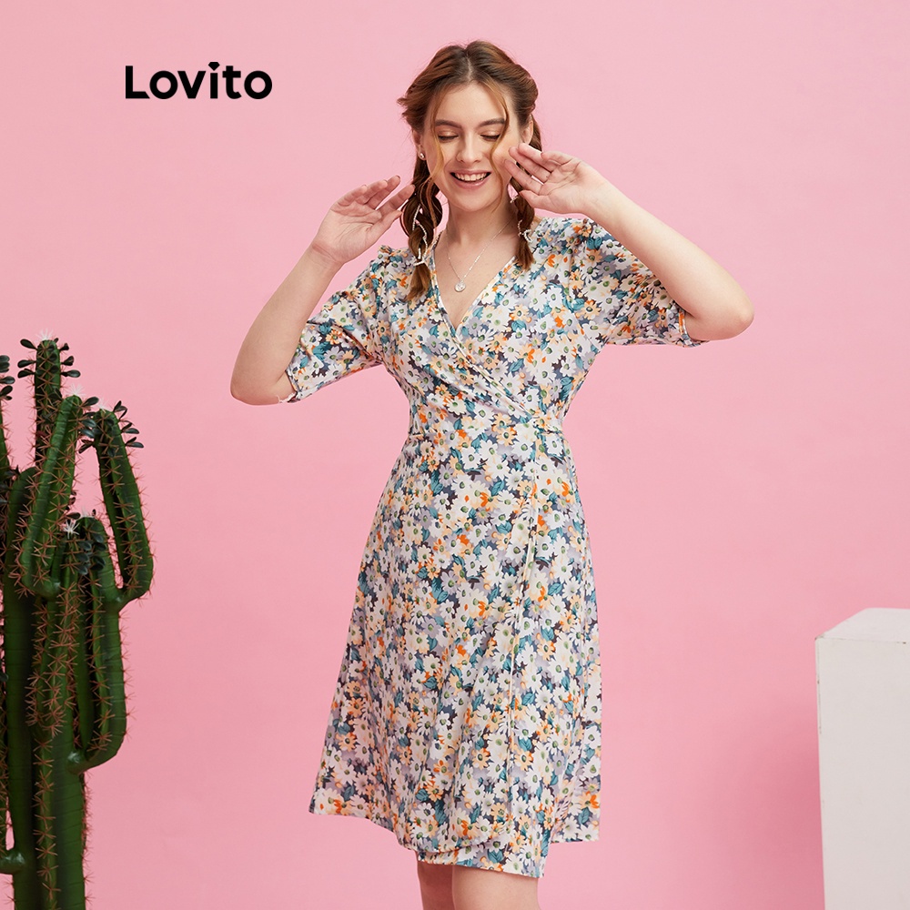  Đầm Lovito tay phồng cổ chữ V in hoa dễ thương thời trang cho nữ L10178 (Màu be) | BigBuy360 - bigbuy360.vn