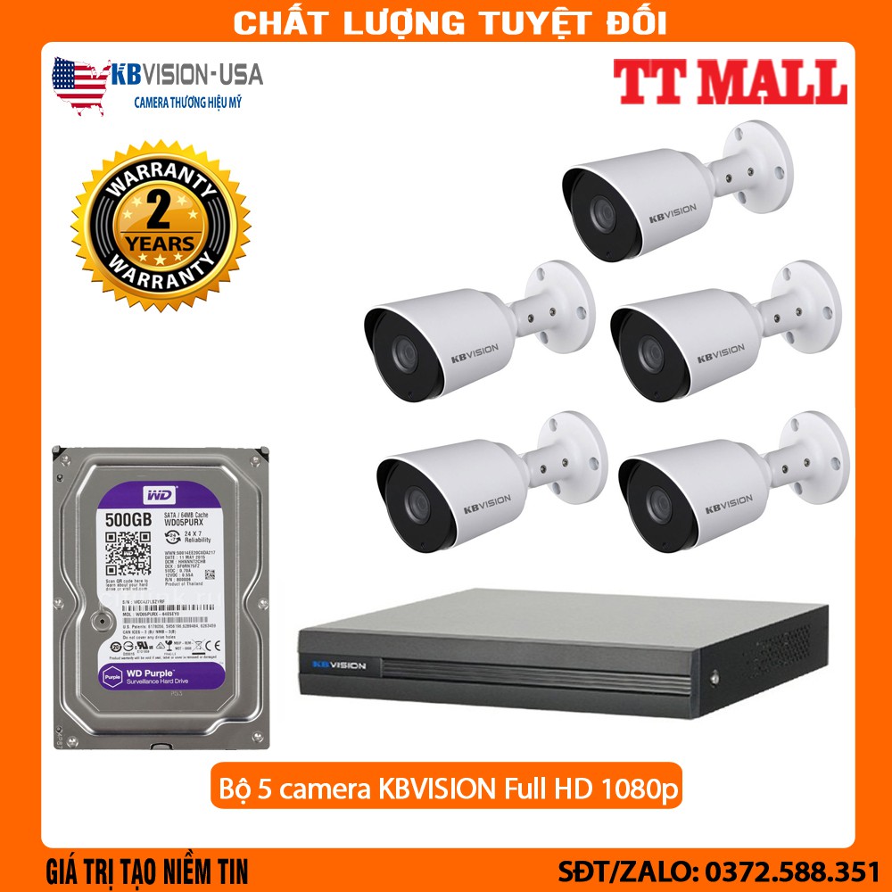 [Mã ELHAMS5 giảm 6% đơn 300K] Trọn bộ 5 camera KBVISION Full HD 1080p - kèm ổ cứng 500G bảo hành 2 năm chính hãng