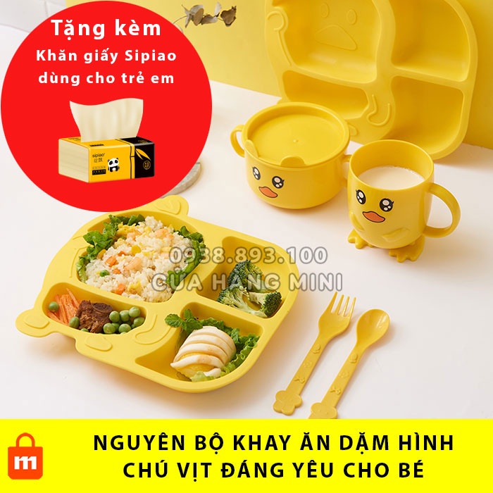 Full Bộ Khay Ăn Dặm Hình Con Vịt Vàng Đầy Đủ Phụ Kiện Khay, Muỗng, Nĩa, Ly, Chén